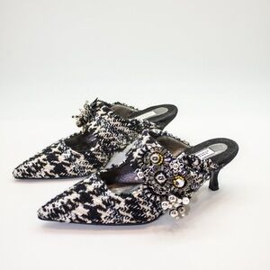 NWOT Dorothee Schumacher checker tweed heeled mules pumps black gray 38